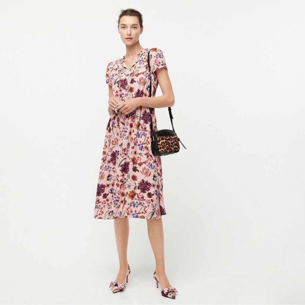 J. Crew Cap Sleeve Ruffle Midi Dress Rose Floral Large EUC Worn 1x